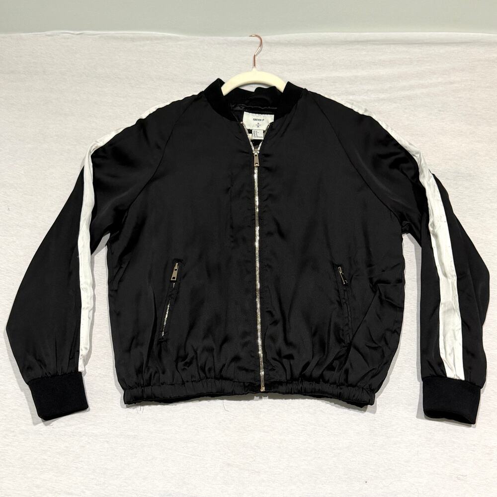 Forever 21‎ Arizona Track & Field Bomber Jacket Black White Stripe Sz S
